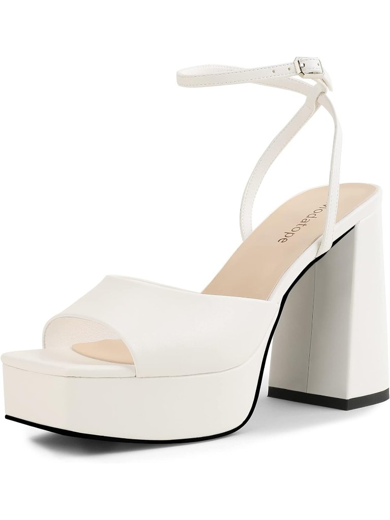 Women's White Faux Leather Chunky Open Toe Ankle Strap Wedding Party Pumps Heels